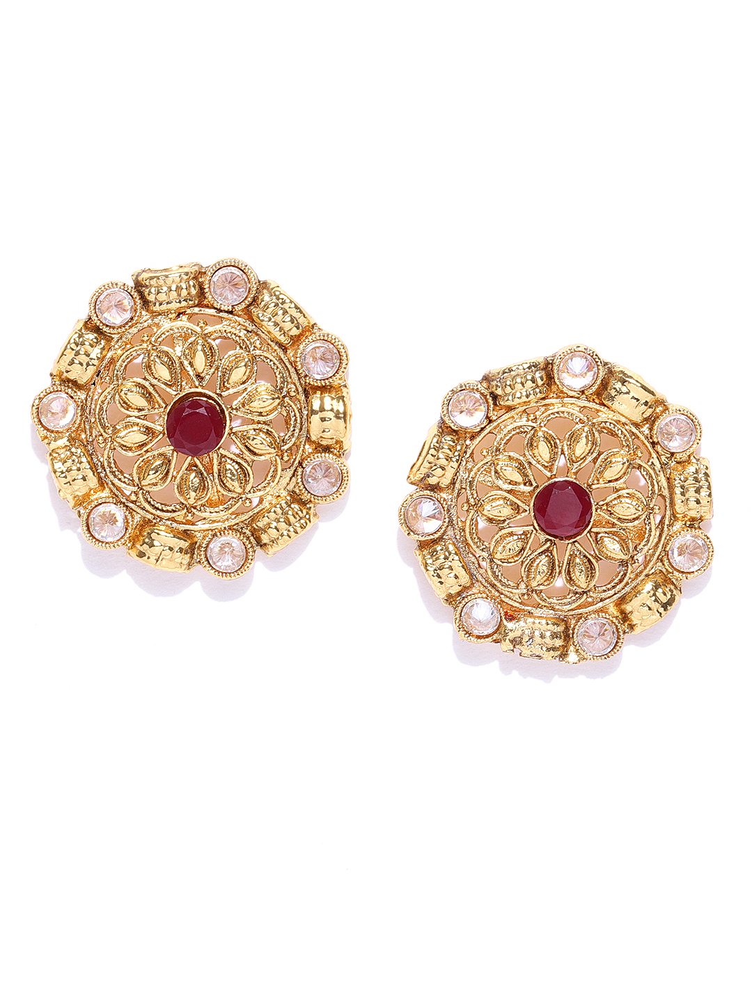 YouBella Red Gold-Plated Textured Circular Oversized Studs